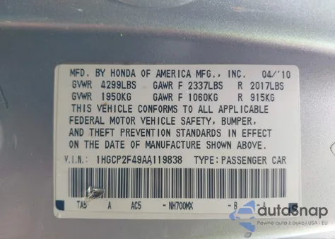 2010 Honda Accord 2.4 Lx-P from USA, damaged, VIN 1HGCP2F49AA119838
